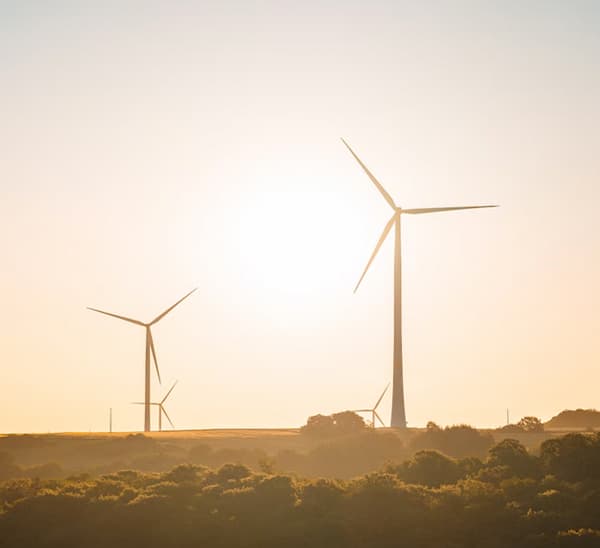 Wind turbines cut through the sunset.